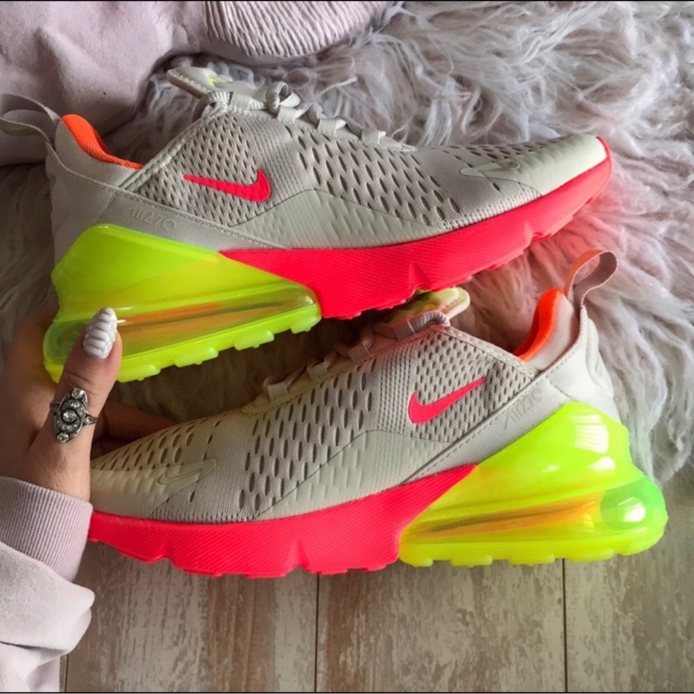Nike Women’s Athletic Shoes Beige with Neon Pink and Neon Yellow Accents